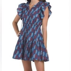 (A6) wknd Navy Multi Flutter Sleeve Ruffle Tiered Boho Chic Dress 8/9